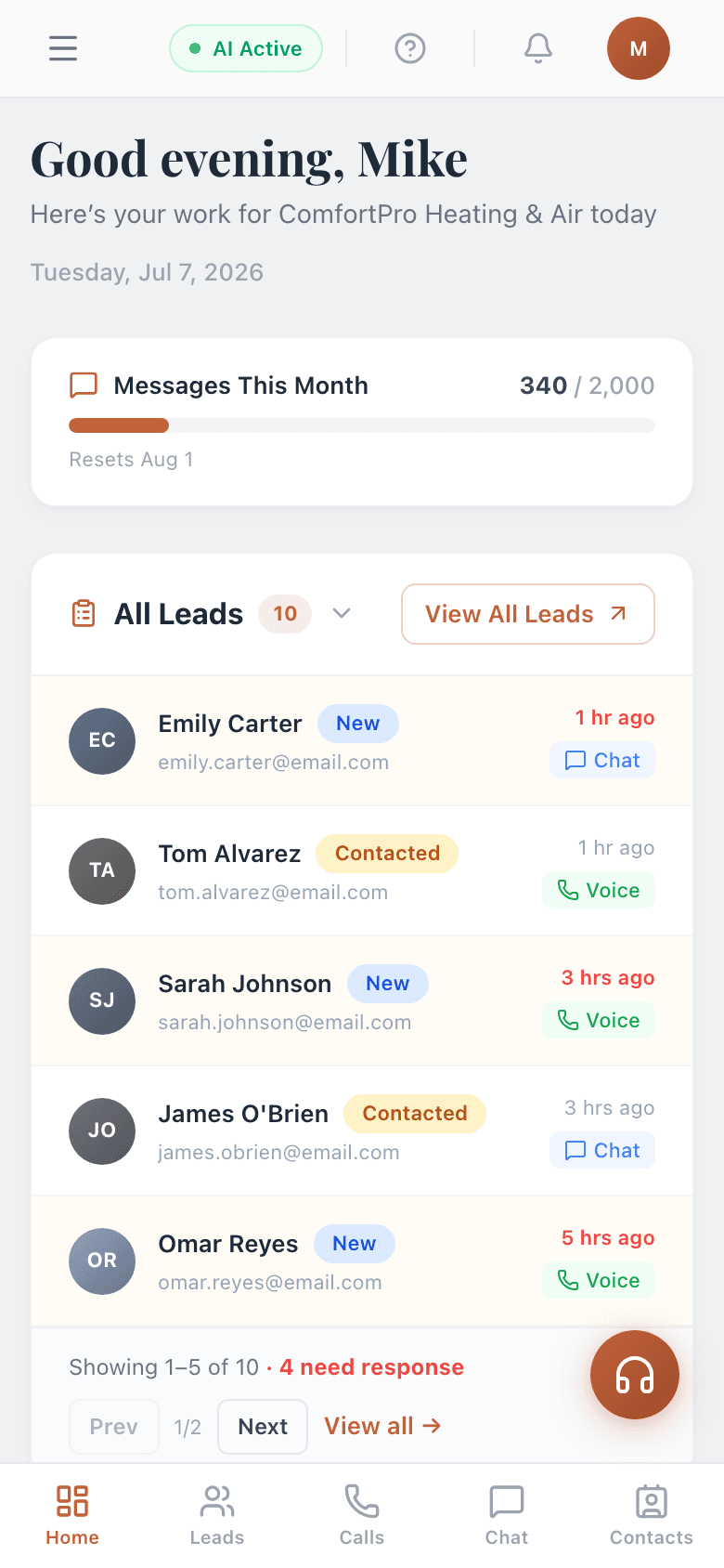 FrontlineHQ dashboard on a phone: the same lead list, sized for a truck cab